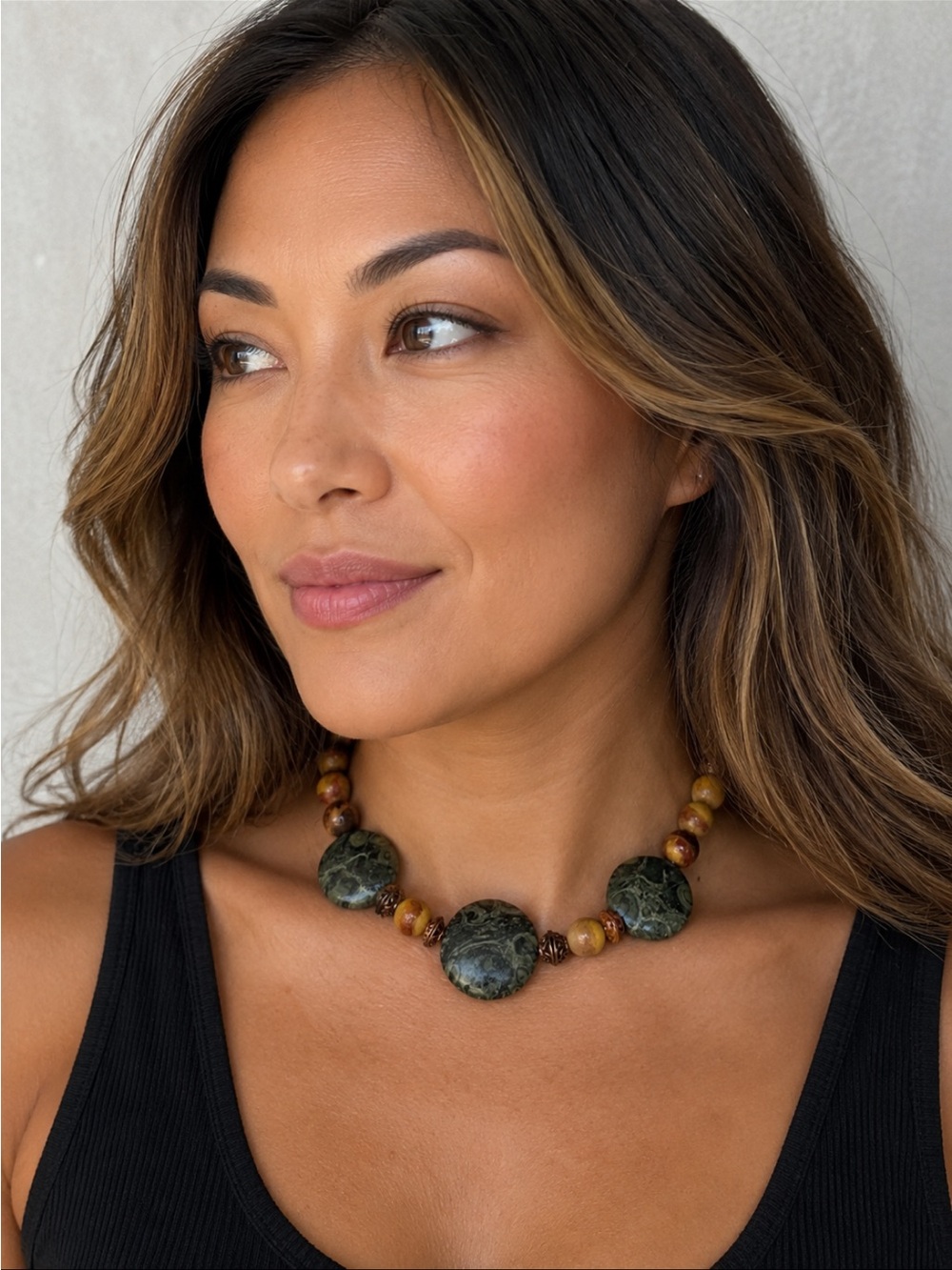 Chinese Picture Jasper & Dark Green Jasper Brass Statement Necklace | Boho Artis
